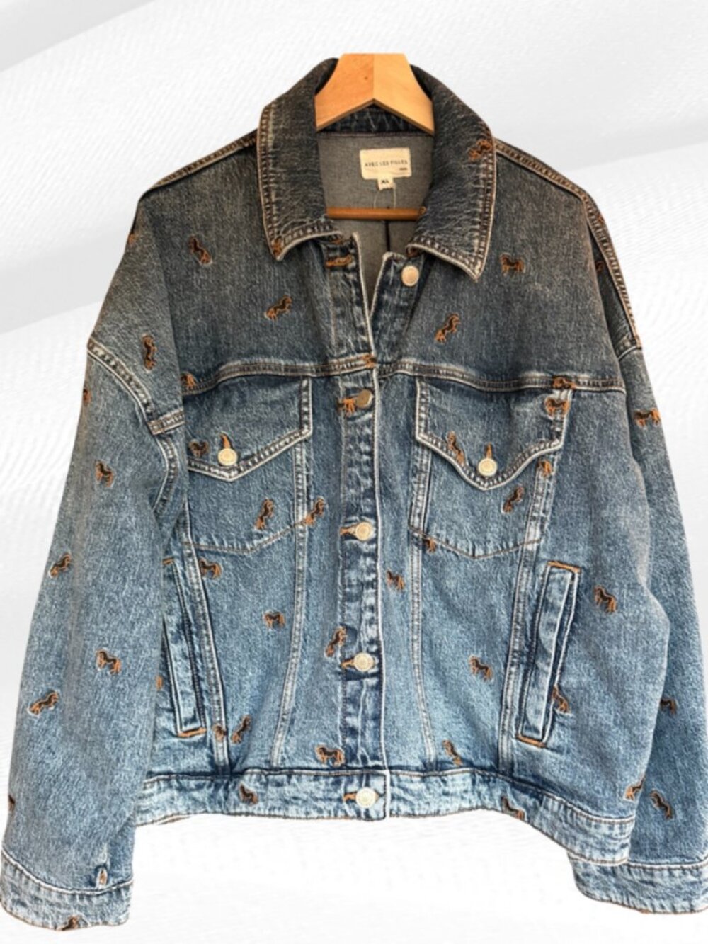 Avec Les Filles Horse Embroidered Ombre Trucker Jacket XL Denim Artisan Wash - Picture 10 of 17